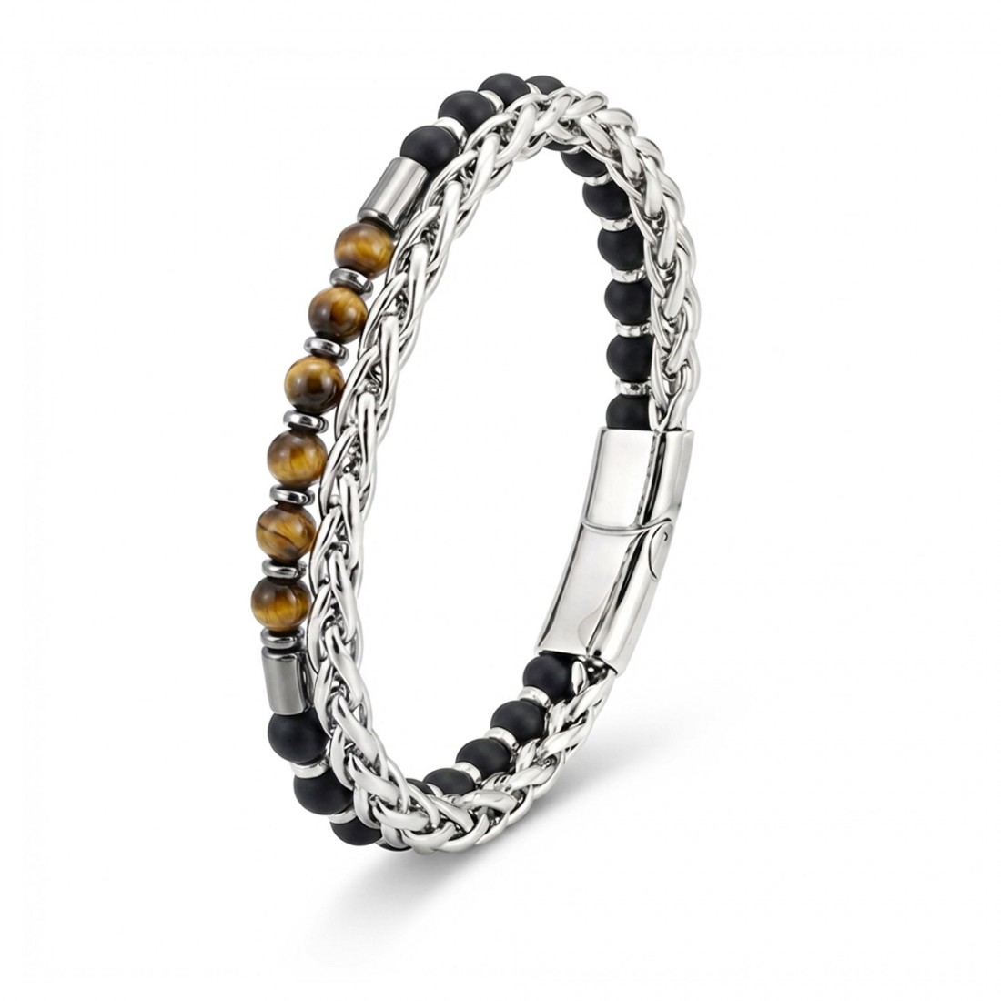 Çelik Zincirli Kaplan Gözü Ve Mat Oniks-Hematit Bileklik