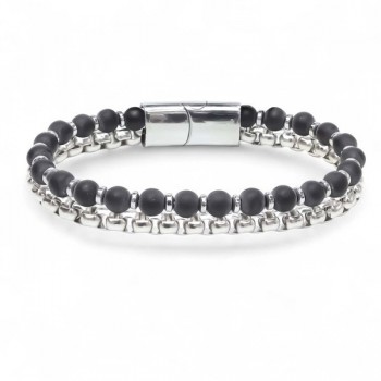 Çelik Zincirli Mat Oniks Ve Silver Hematit Bileklik
