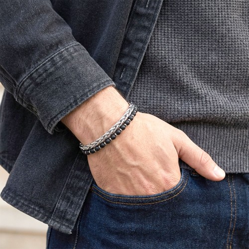 Çelik Zincirli Mat Oniks Ve Silver Hematit Bileklik