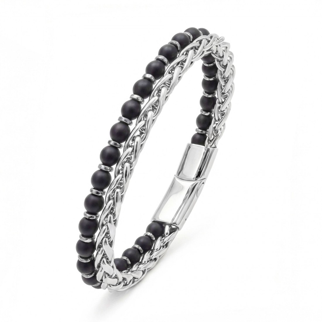 Çelik Zincirli Mat Oniks Ve Silver Hematit Bileklik