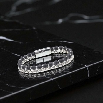 Çelik Zincirli Mat Oniks Ve Silver Hematit Bileklik