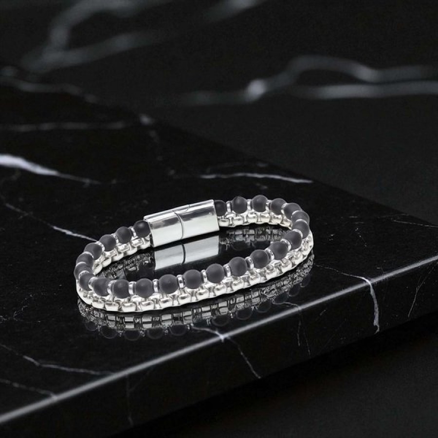 Çelik Zincirli Mat Oniks Ve Silver Hematit Bileklik