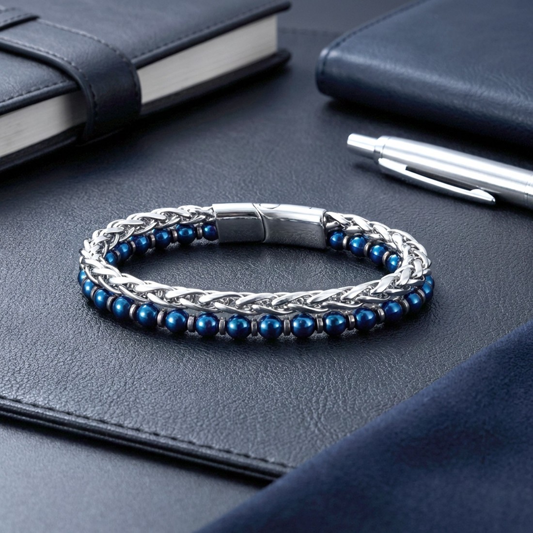 Çelik Zincirli Mavi Ve Gümüş Hematit Bileklik