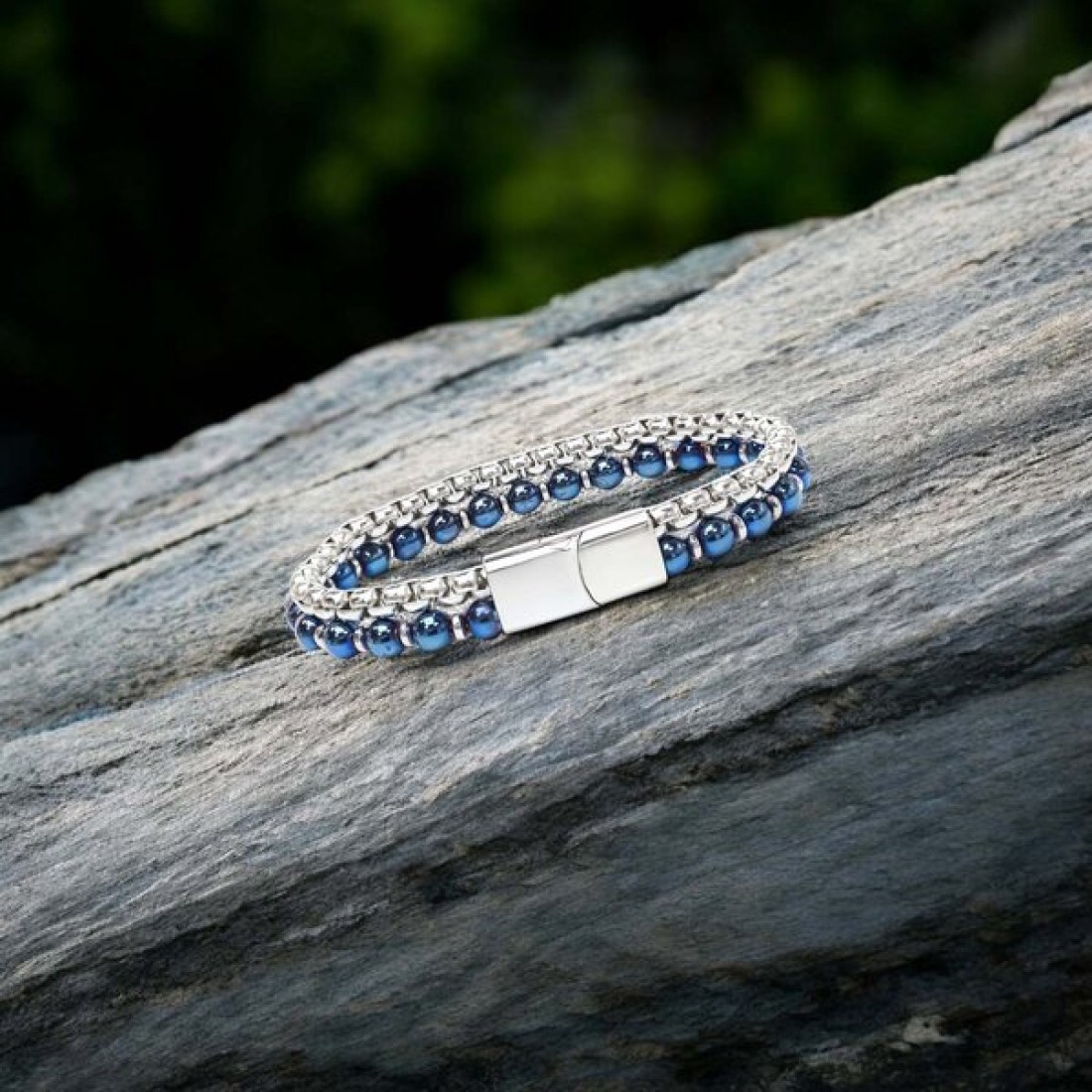 Çelik Zincirli Mavi Ve Gümüş Hematit Bileklik