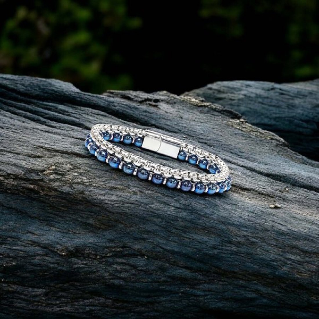 Çelik Zincirli Mavi Ve Gümüş Hematit Bileklik