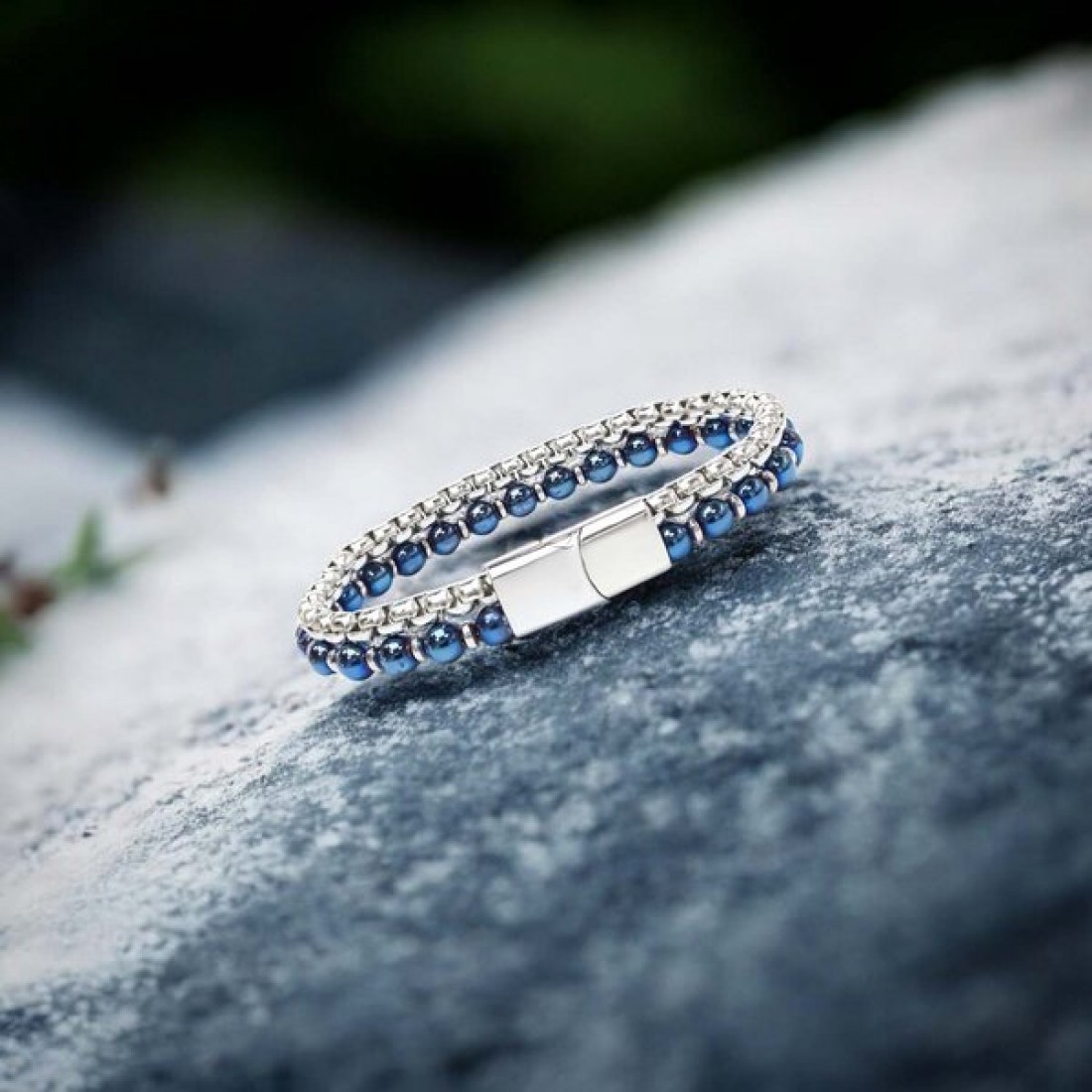 Çelik Zincirli Mavi Ve Gümüş Hematit Bileklik