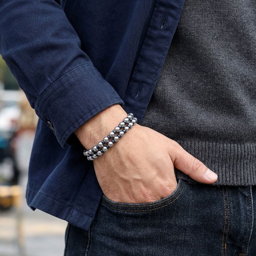 Çift Gümüş Ve Mavi Renk Hematit Çelik Bileklik