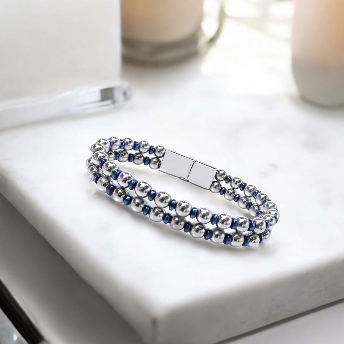 Çift Gümüş Ve Mavi Renk Hematit Çelik Bileklik