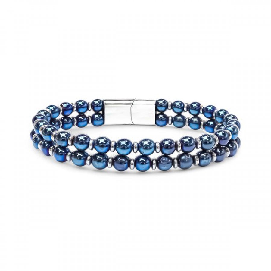 Çift Mavi Ve Gümüş Renk Hematit Çelik Bileklik