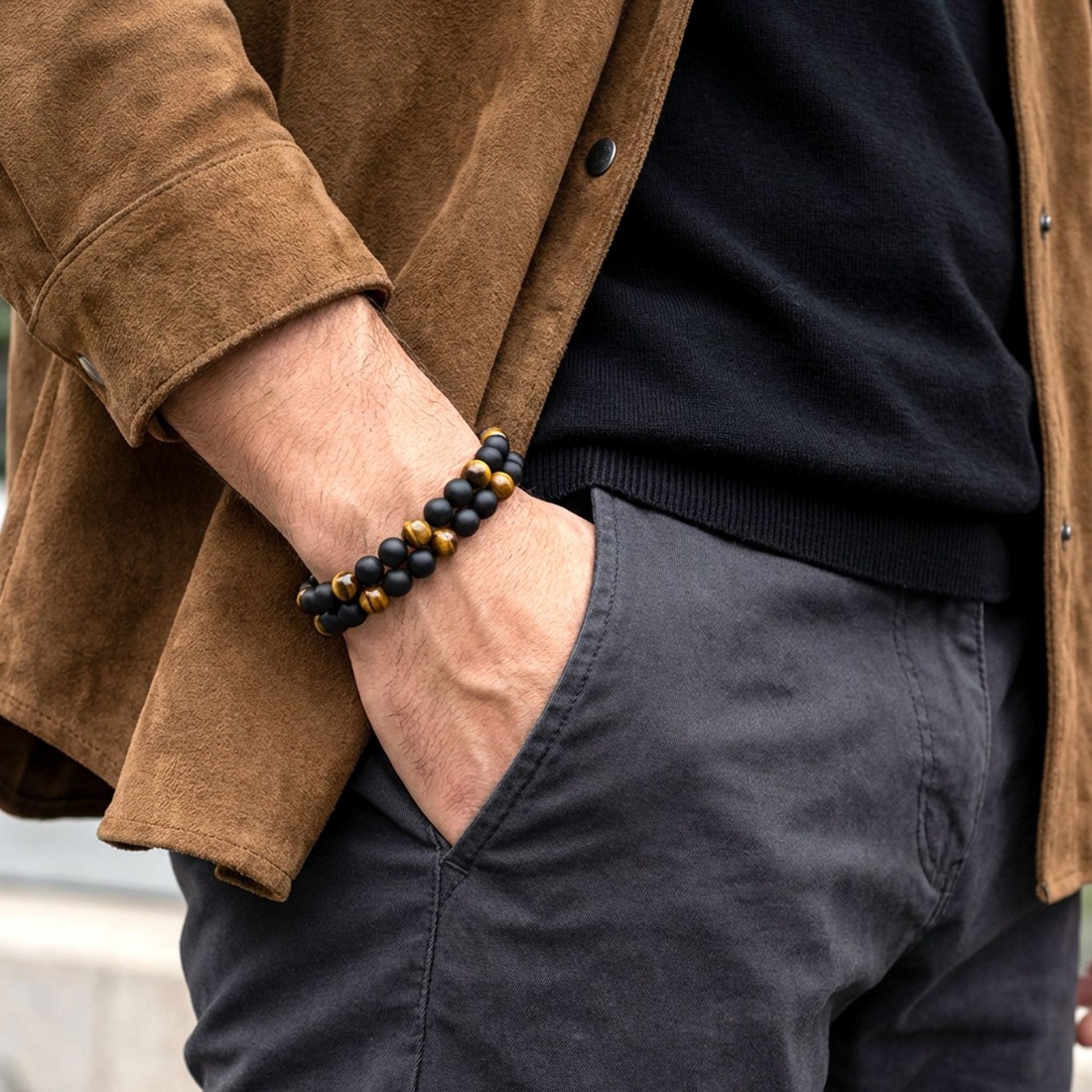 Çift Oniks Ve Kaplangözü Çelik Bileklik