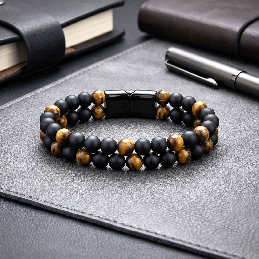 Çift Oniks Ve Kaplangözü Çelik Bileklik