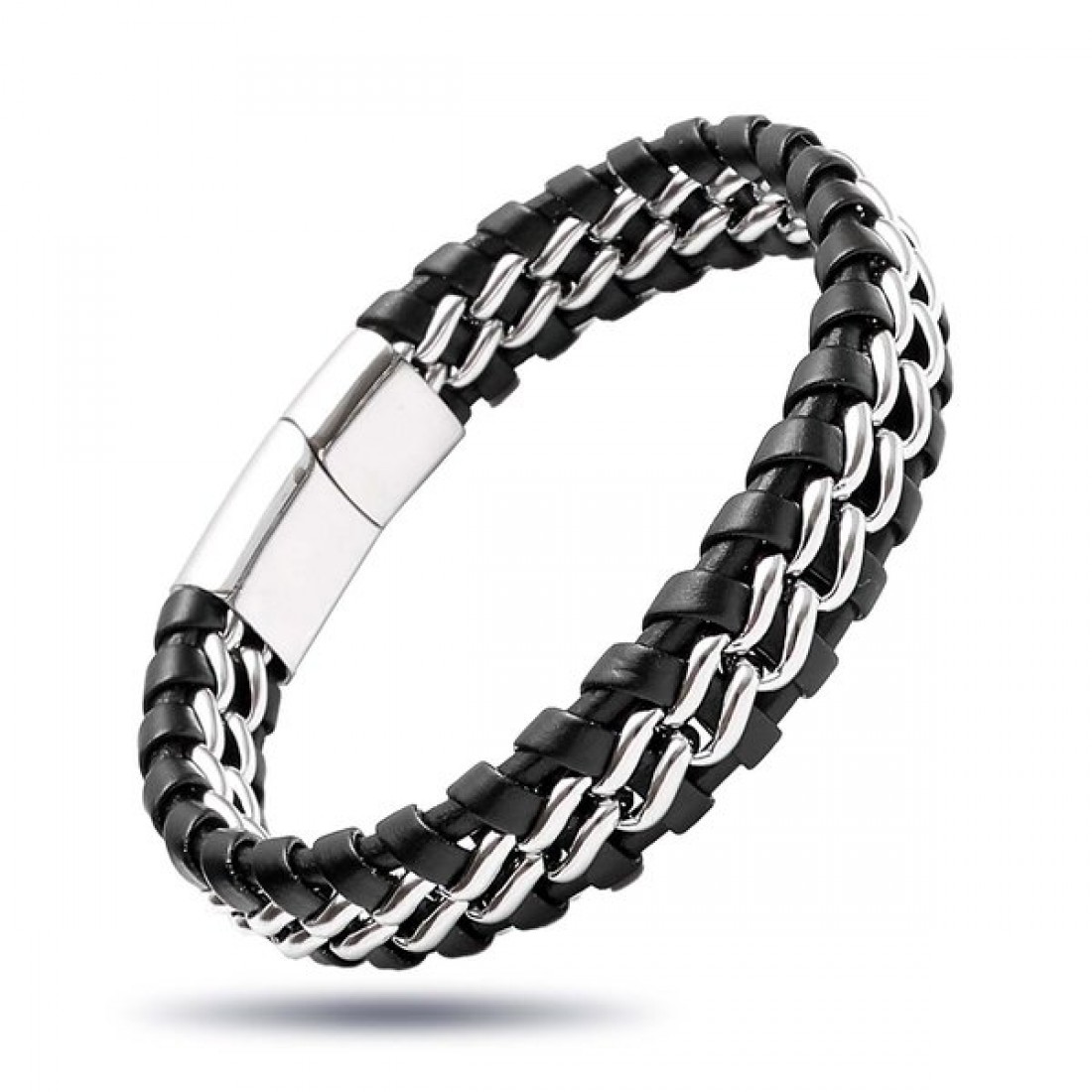 Çift Zincir Çelik Ve Deri Bileklik