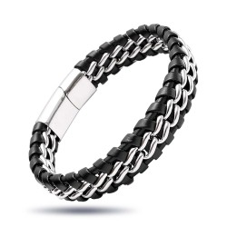 Çift Zincir Çelik Ve Deri Bileklik