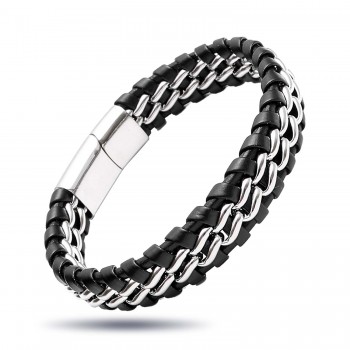 Çift Zincir Çelik Ve Deri Bileklik