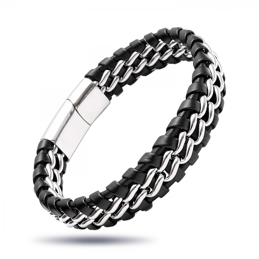 Çift Zincir Çelik Ve Deri Bileklik