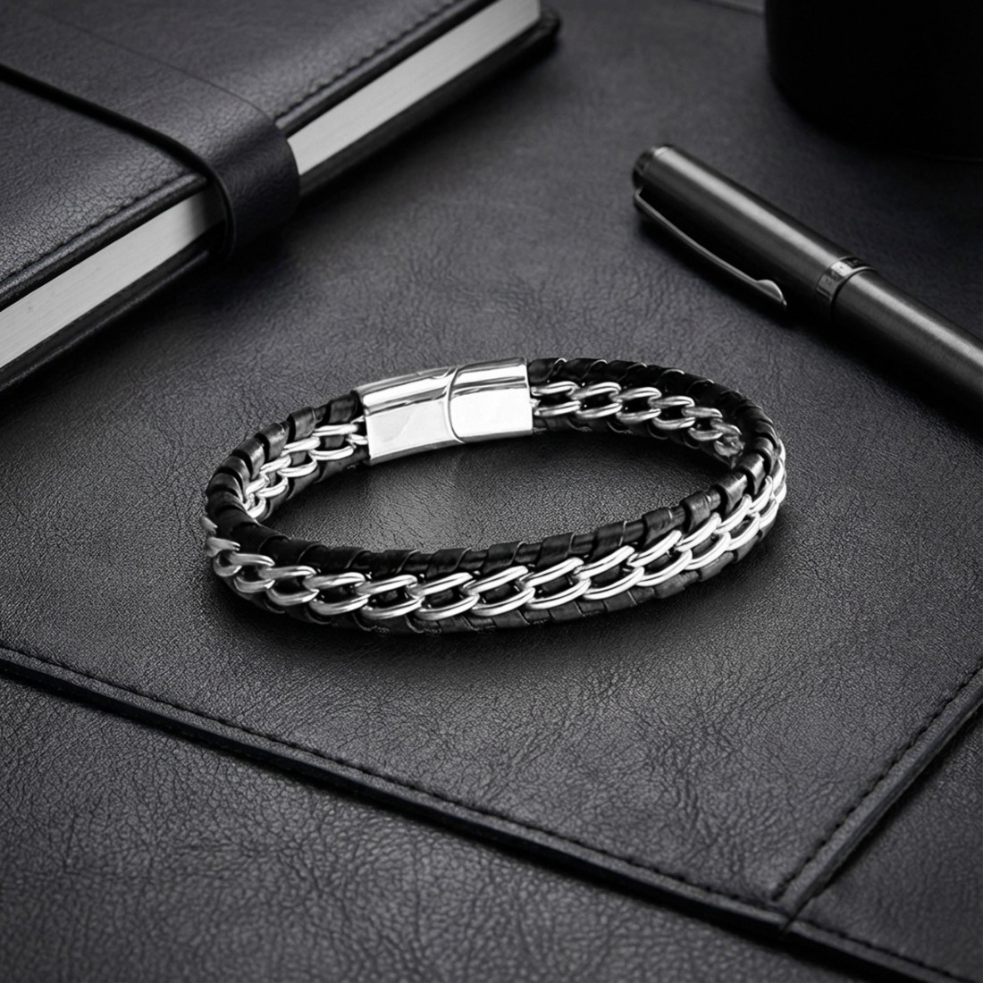 Çift Zincir Çelik Ve Deri Bileklik