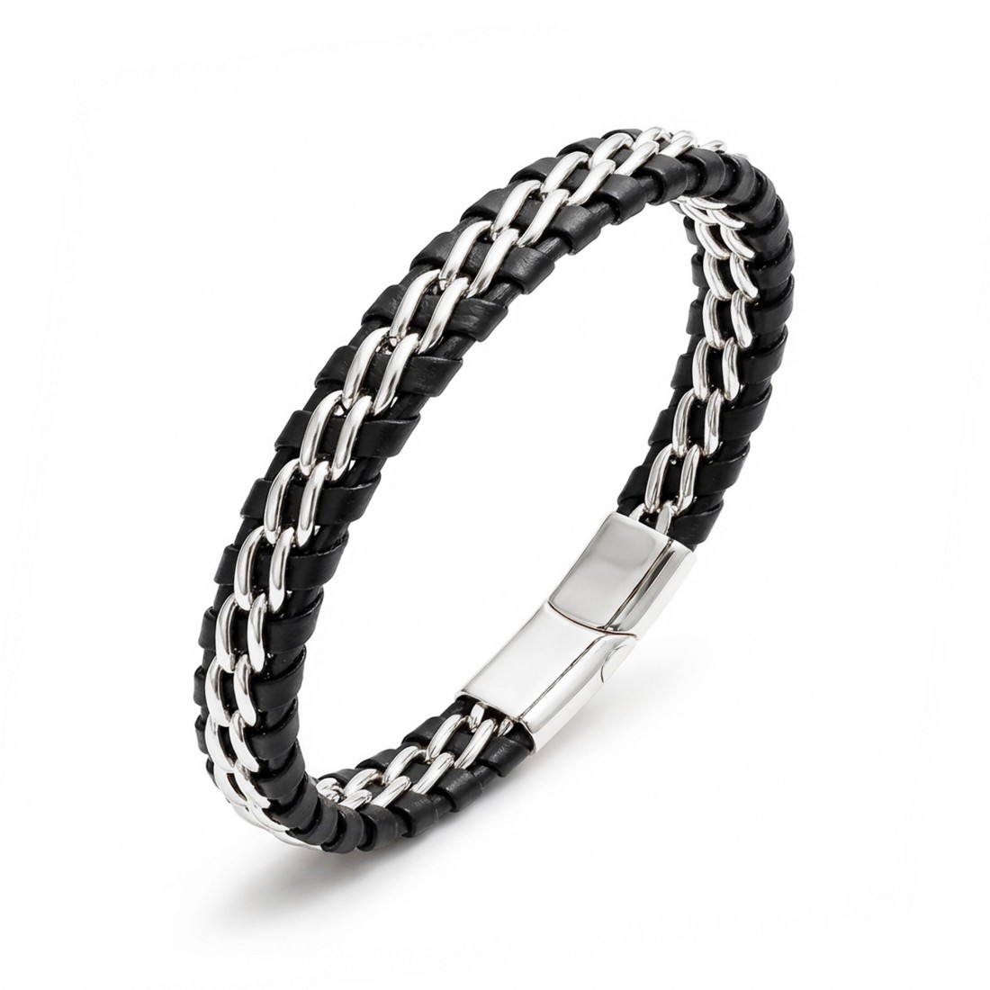 Çift Zincir Çelik Ve Deri Bileklik