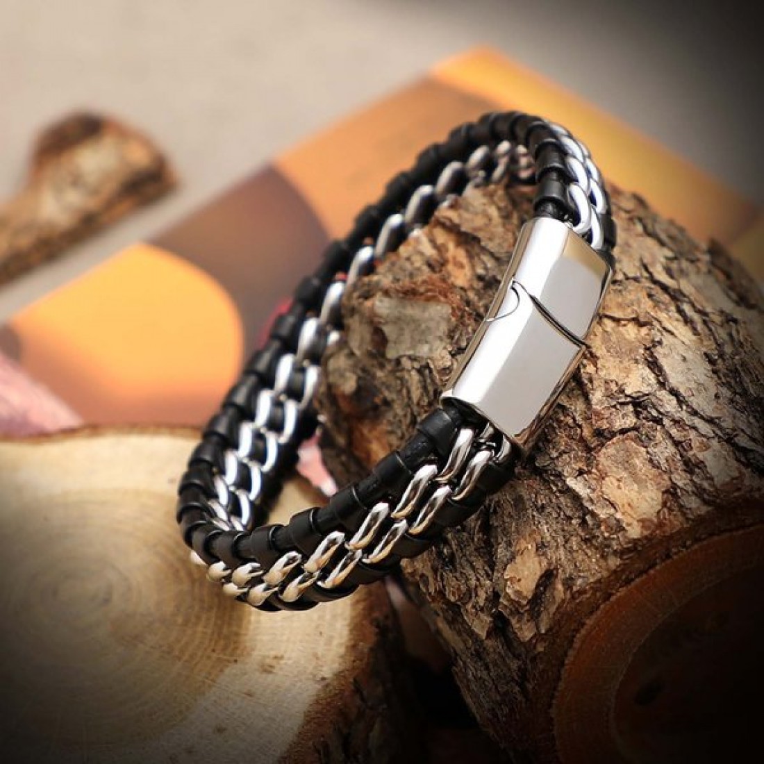 Çift Zincir Çelik Ve Deri Bileklik
