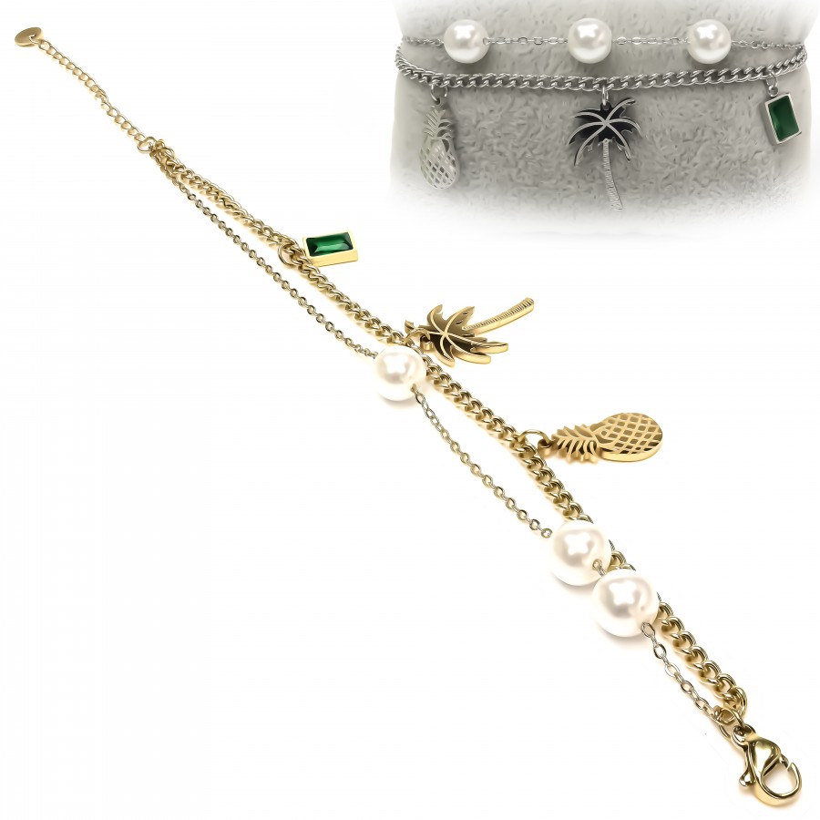 Çoklu İncili Kadın Çelik Bileklik