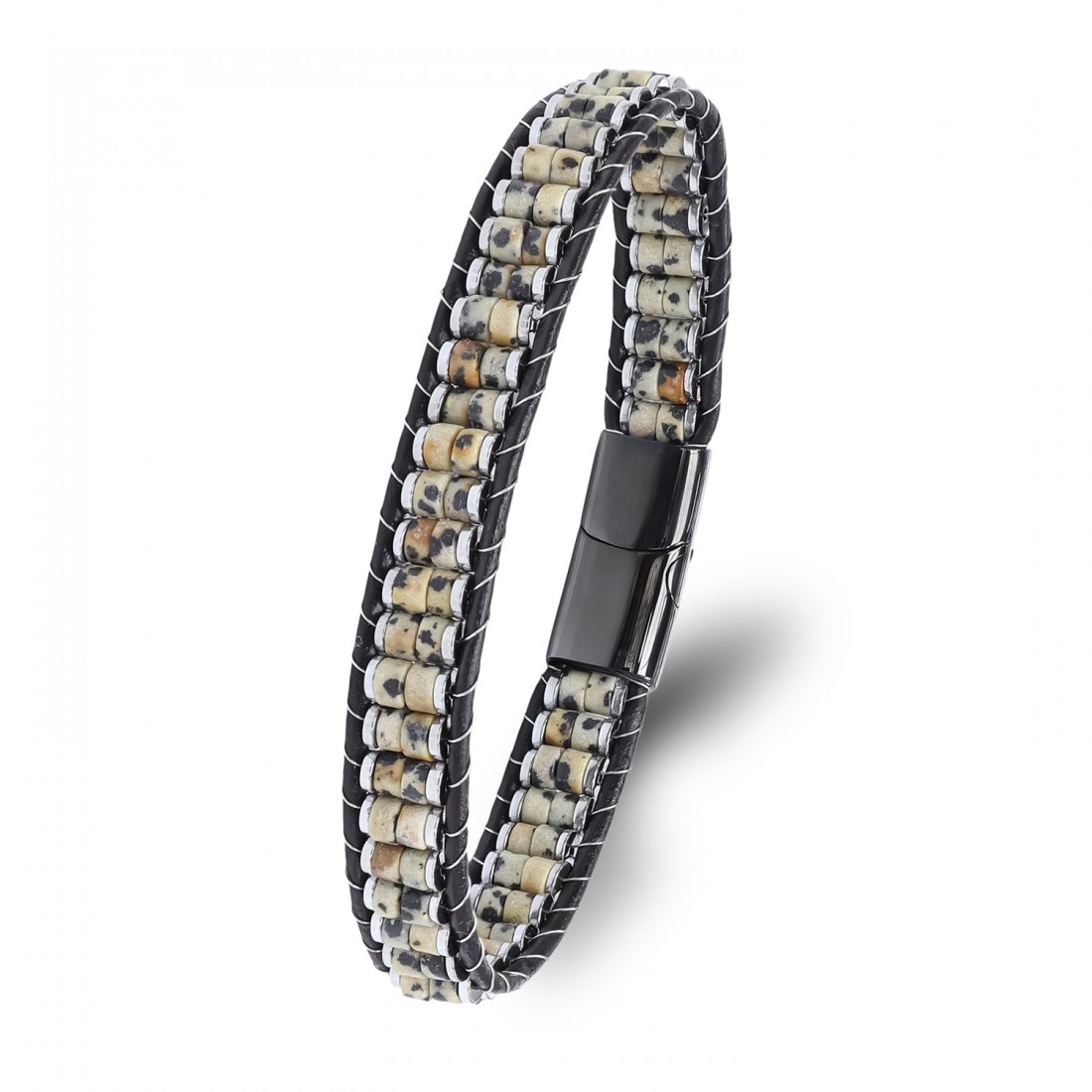 Dalmaçya Jasper & Hematit Çelik Örgülü Deri Bileklik