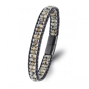 Dalmaçya Jasper & Hematit Çelik Örgülü Deri Bileklik