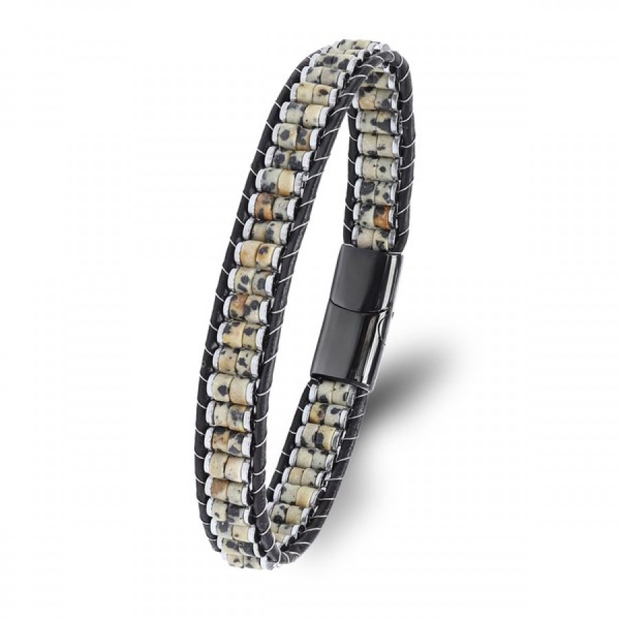 Dalmaçya Jasper & Hematit Çelik Örgülü Deri Bileklik