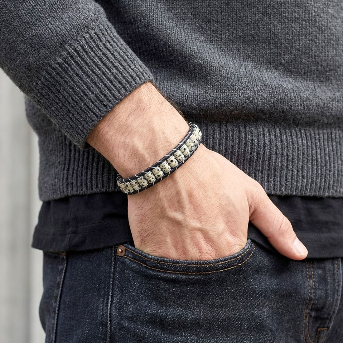 Dalmaçya Jasper & Hematit Çelik Örgülü Deri Bileklik