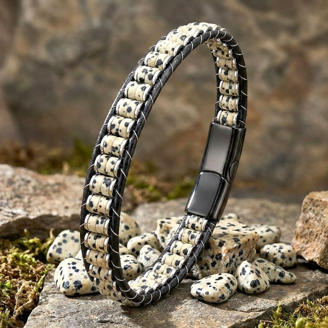 Dalmaçya Jasper & Hematit Çelik Örgülü Deri Bileklik