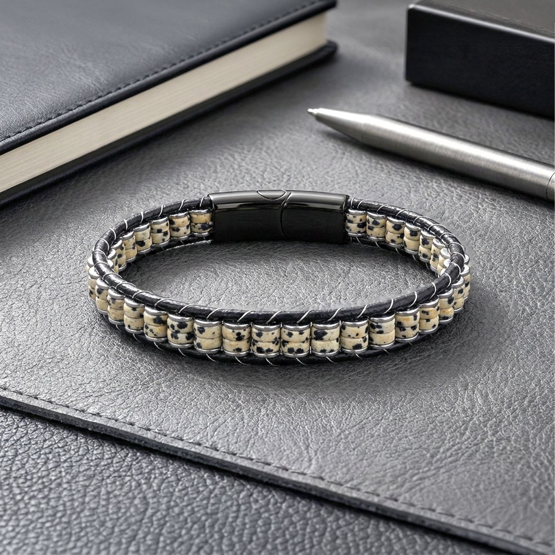 Dalmaçya Jasper & Hematit Çelik Örgülü Deri Bileklik