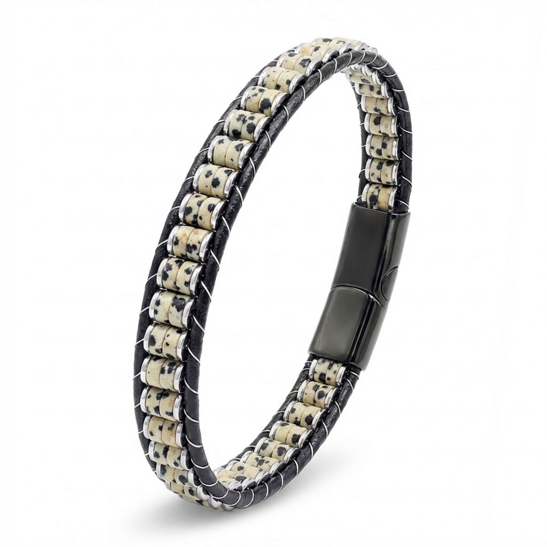 Dalmaçya Jasper & Hematit Çelik Örgülü Deri Bileklik