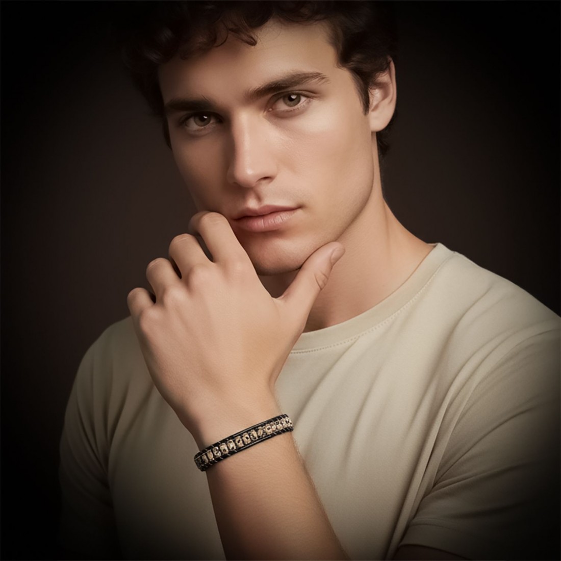 Dalmaçya Jasper & Hematit Çelik Örgülü Deri Bileklik