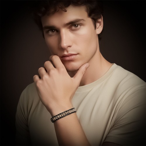 Dalmaçya Jasper & Hematit Çelik Örgülü Deri Bileklik