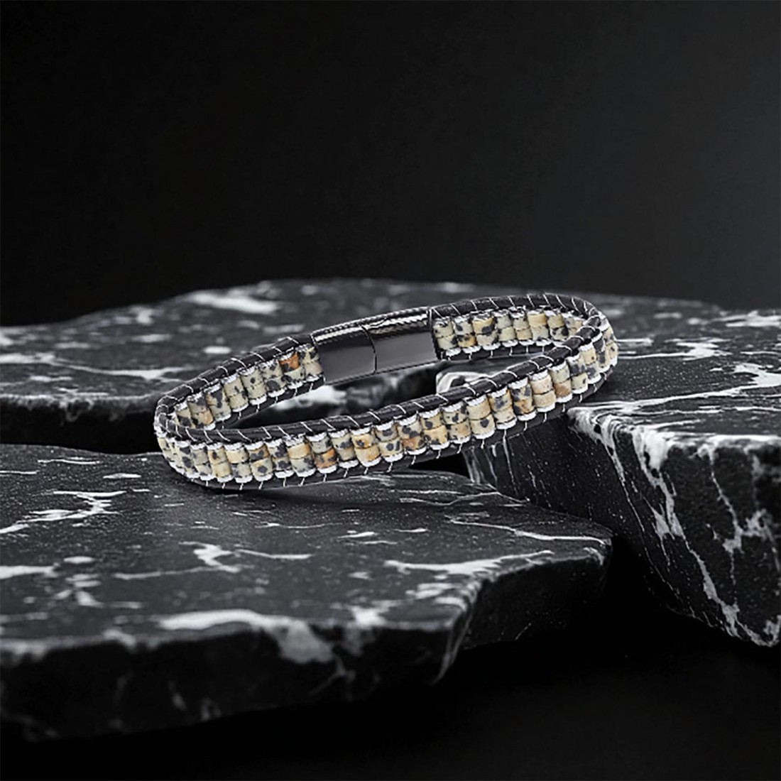 Dalmaçya Jasper & Hematit Çelik Örgülü Deri Bileklik