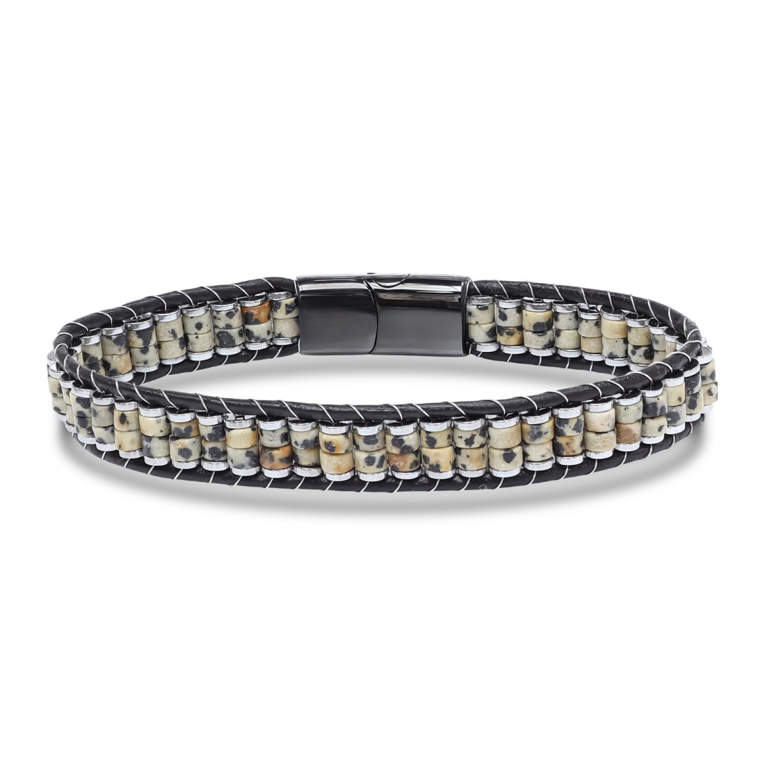 Dalmaçya Jasper & Hematit Çelik Örgülü Deri Bileklik
