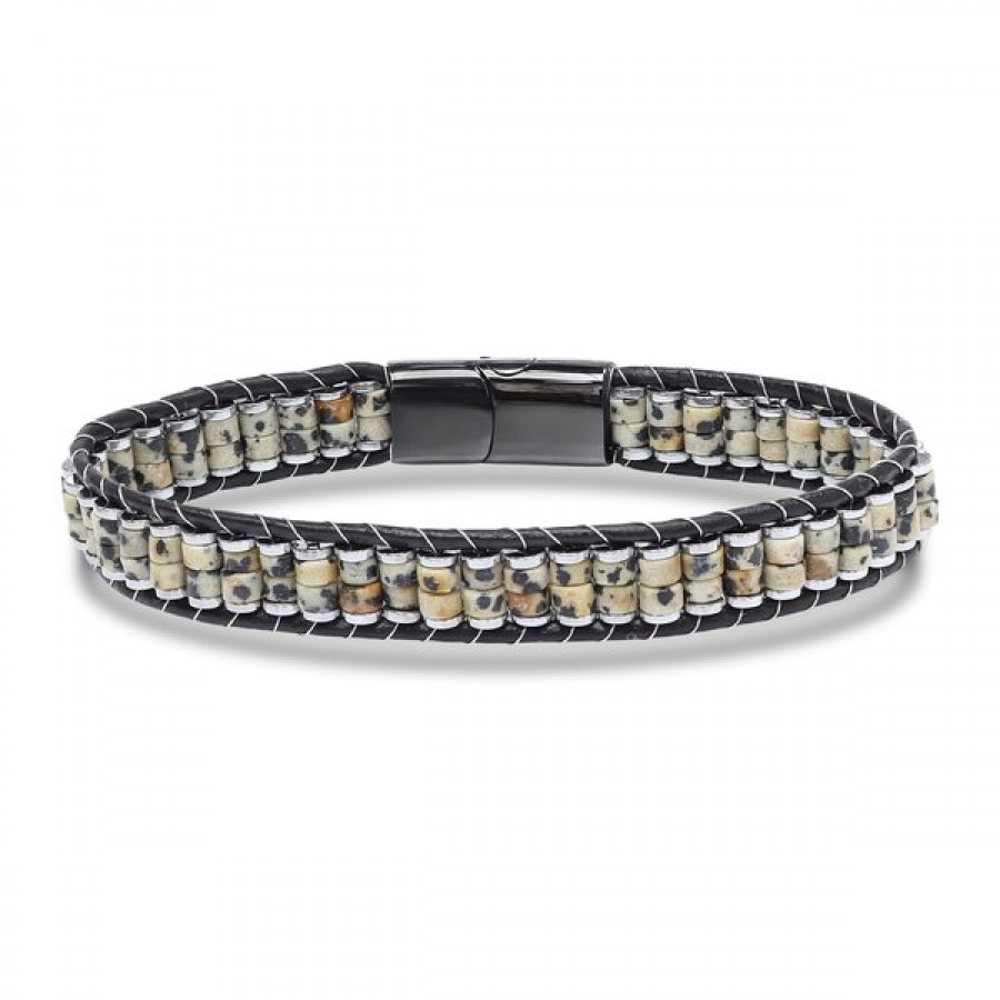 Dalmaçya Jasper & Hematit Çelik Örgülü Deri Bileklik
