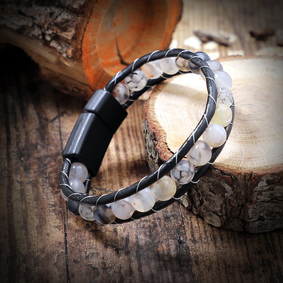 Damarlı Akik Doğaltaşlı Deri Bileklik