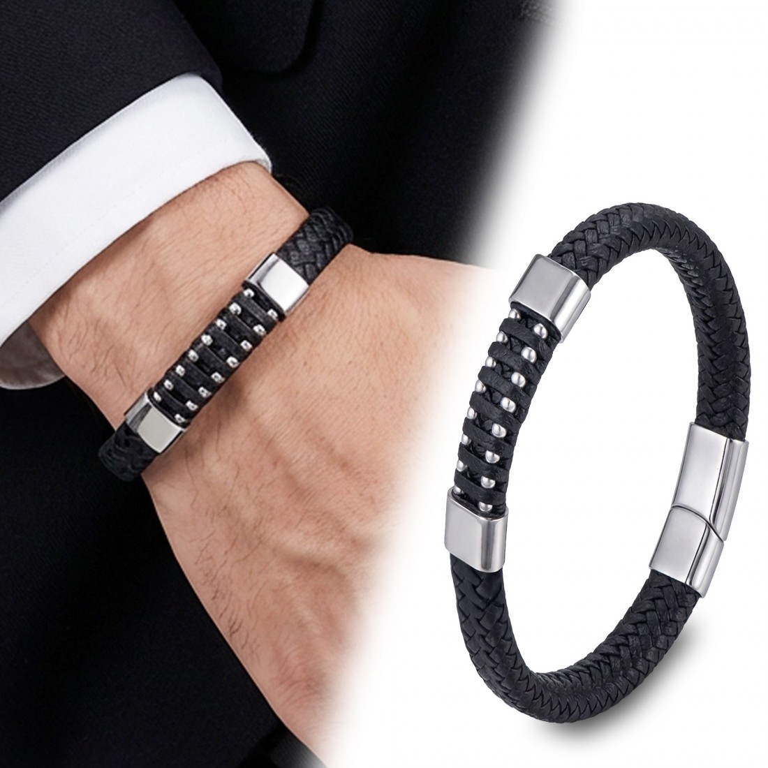 Deri Çelik Damla Zincir Dolama Bileklik – Siyah