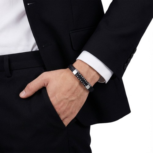 Deri Çelik Damla Zincir Dolama Bileklik – Siyah