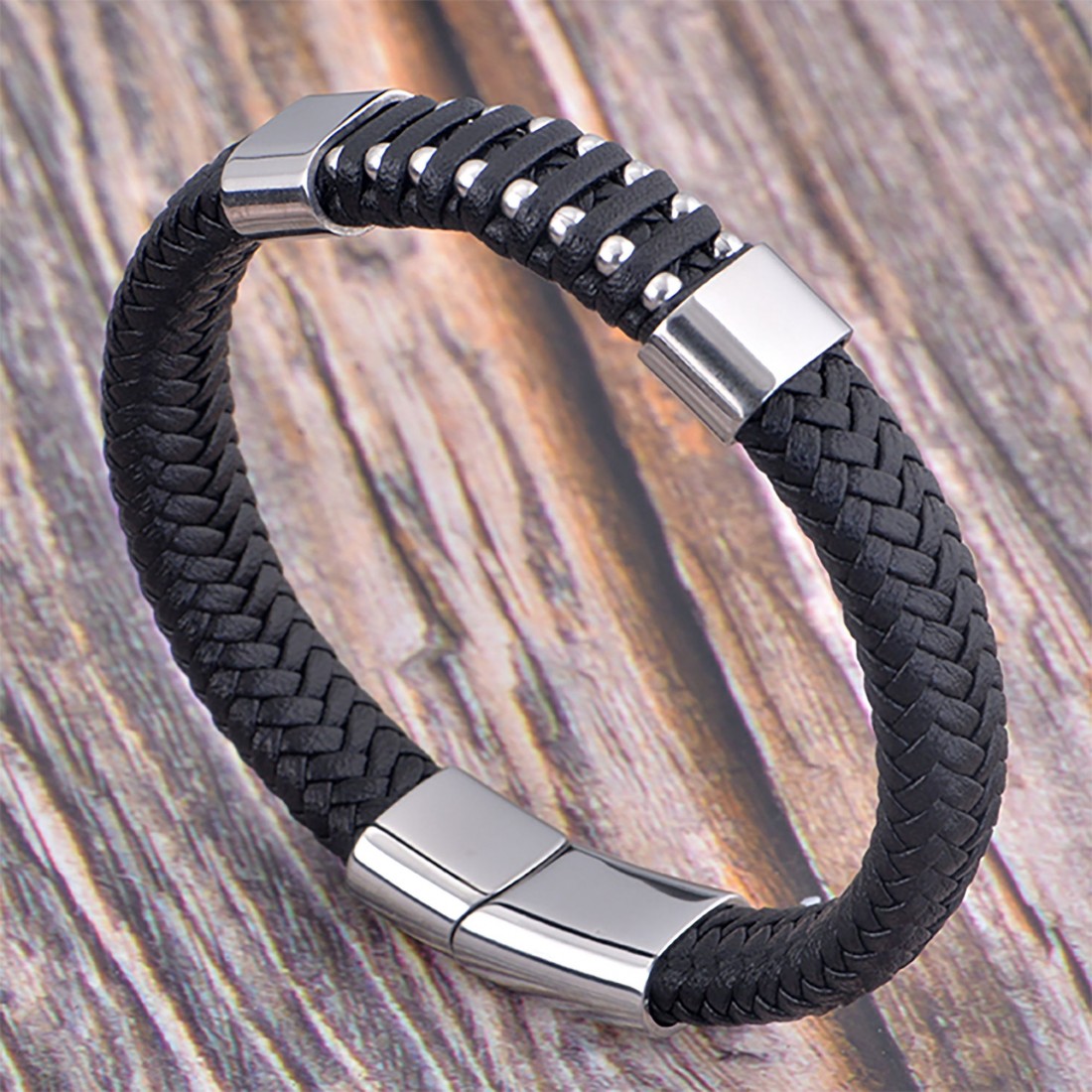 Deri Çelik Damla Zincir Dolama Bileklik – Siyah