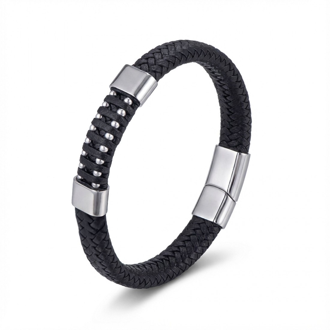 Deri Çelik Damla Zincir Dolama Bileklik – Siyah