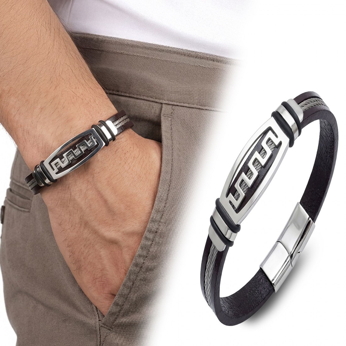 Grek Anahtarı motifli çelik plakalı, çift çelik halatlı ve deri kordonlu toptan erkek bileklik
