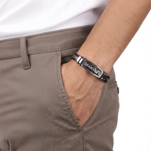 Greek Key (Meander) Oval Steel Plate, Steel-Cable & Leather Men’s Bracelet (Chrome Clasp)