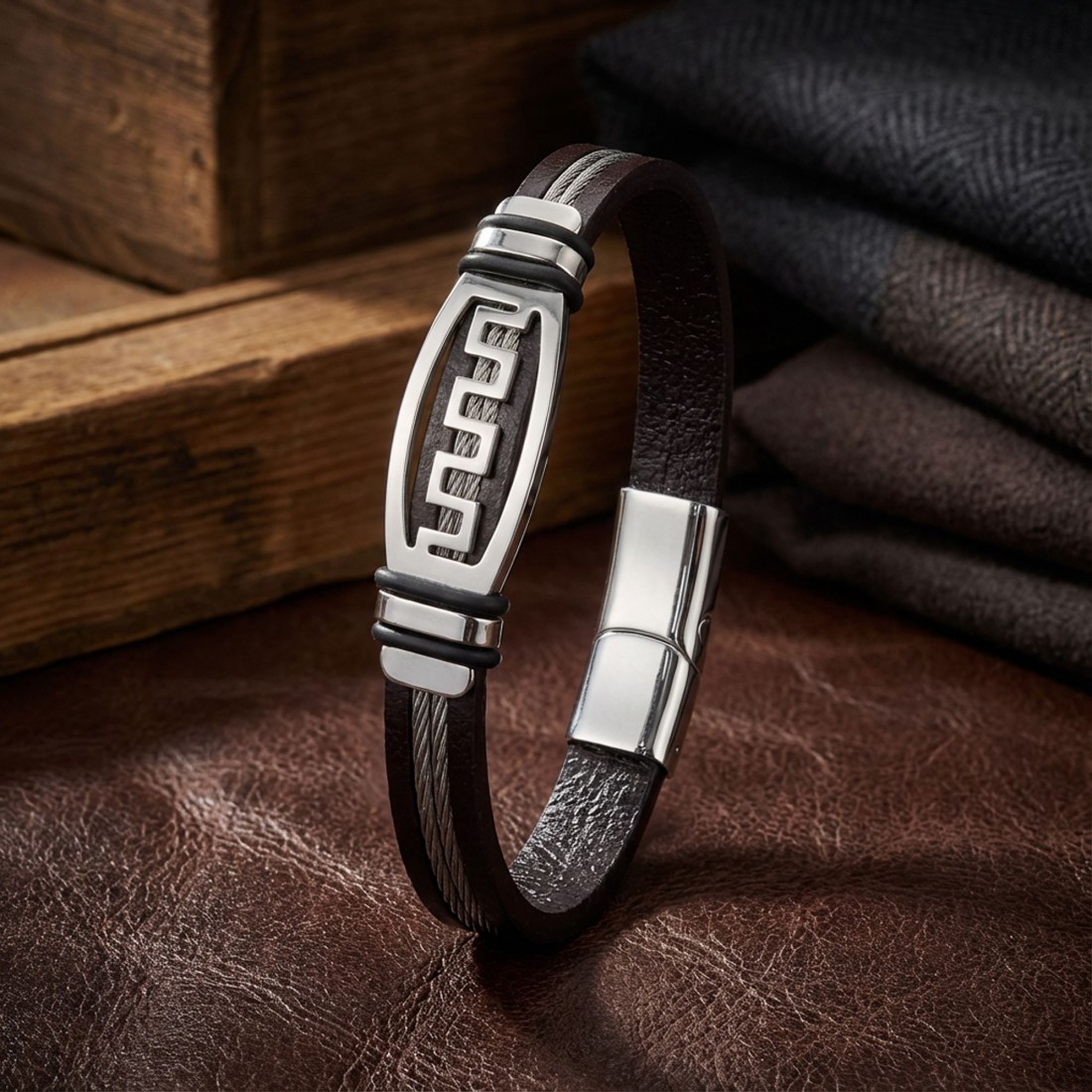 Grek Anahtarı motifli çelik plakalı, çift çelik halatlı ve deri kordonlu toptan erkek bileklik