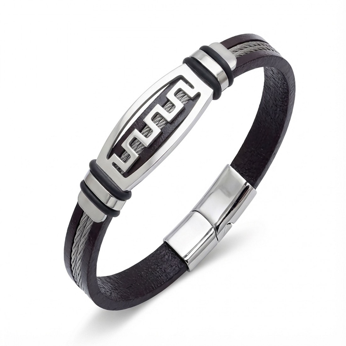 Grek Anahtarı motifli çelik plakalı, çift çelik halatlı ve deri kordonlu toptan erkek bileklik