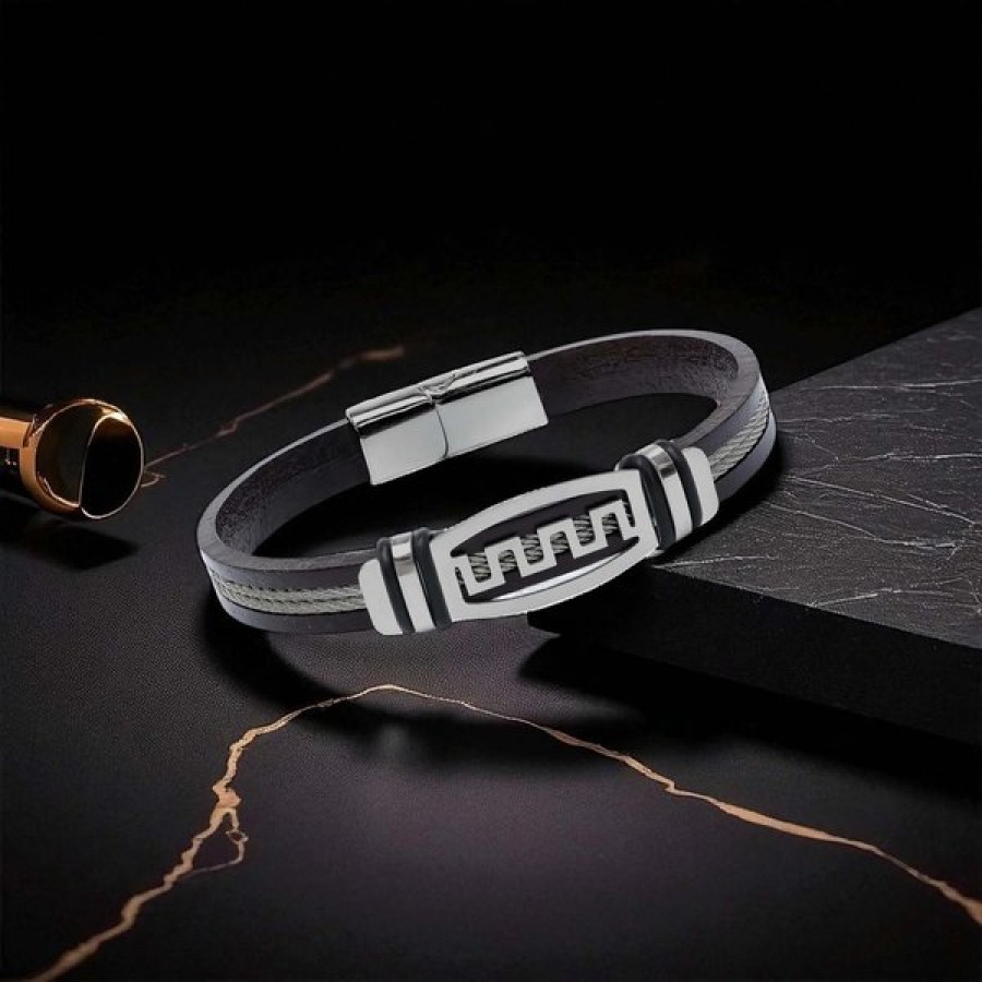 Grek Anahtarı motifli çelik plakalı, çift çelik halatlı ve deri kordonlu toptan erkek bileklik
