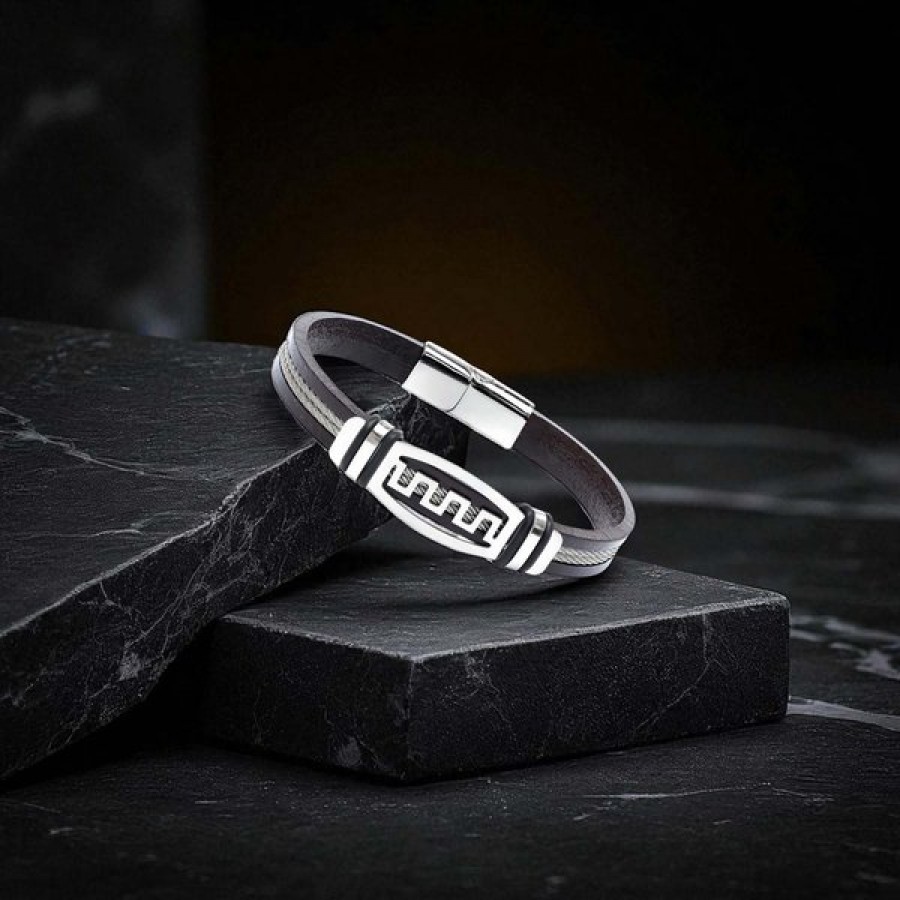 Grek Anahtarı motifli çelik plakalı, çift çelik halatlı ve deri kordonlu toptan erkek bileklik