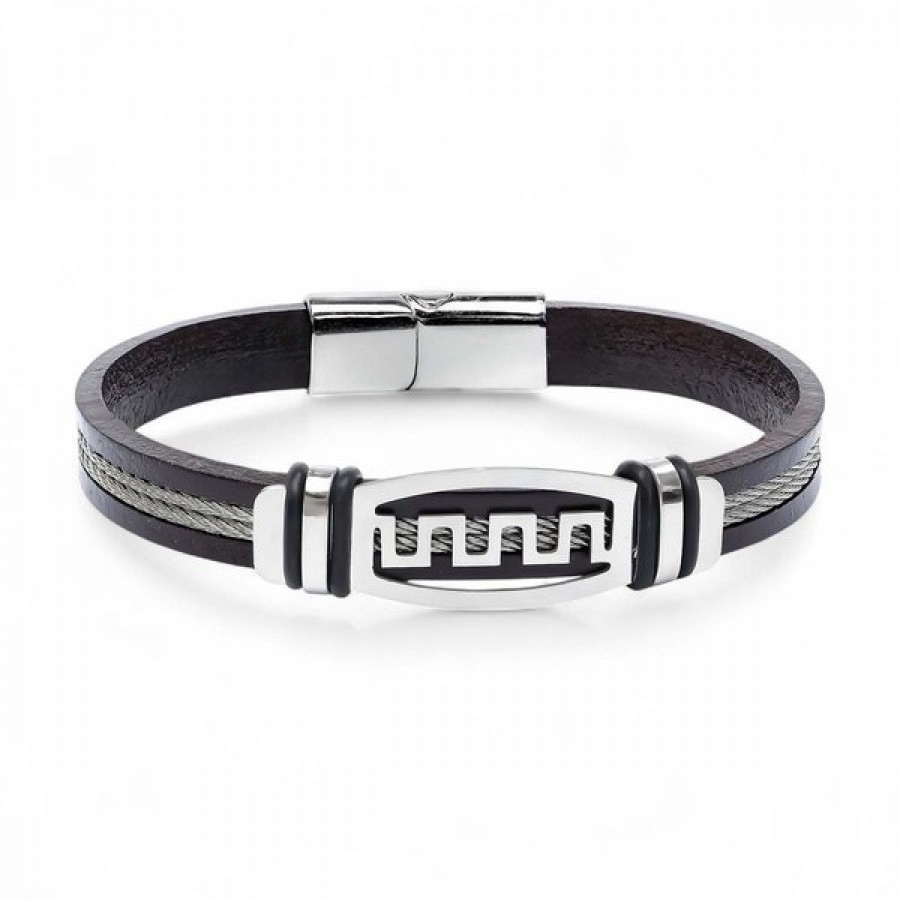 Grek Anahtarı motifli çelik plakalı, çift çelik halatlı ve deri kordonlu toptan erkek bileklik