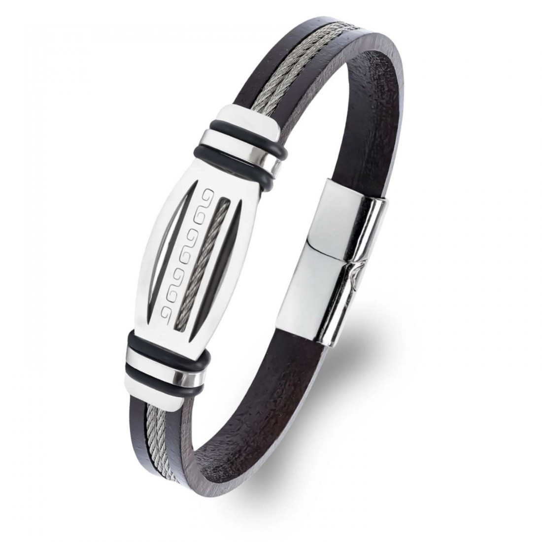 Grek anahtarı desenli çelik plakalı, çelik halatlı deri toptan erkek bileklik