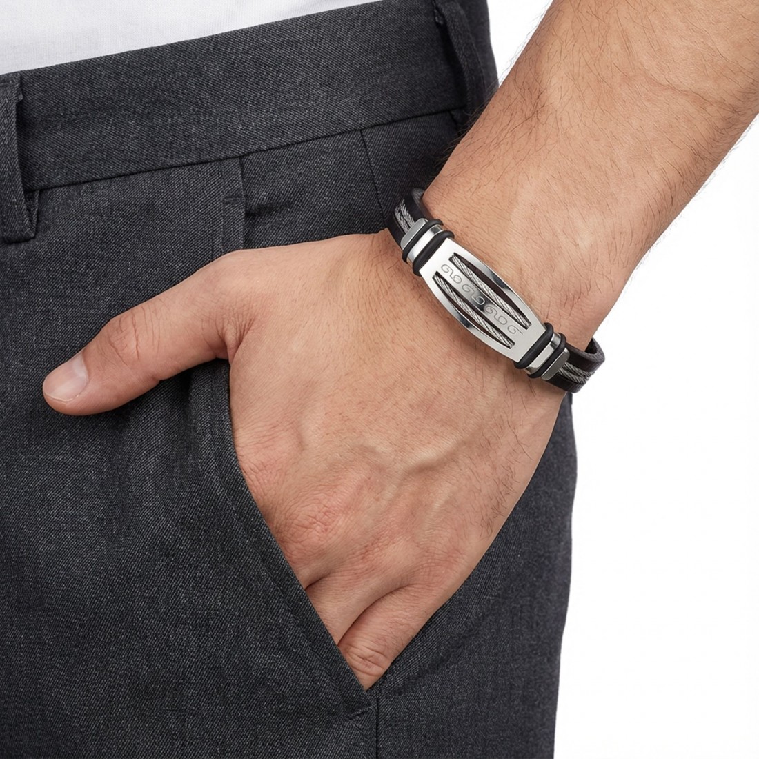 Grek anahtarı desenli çelik plakalı, çelik halatlı deri toptan erkek bileklik