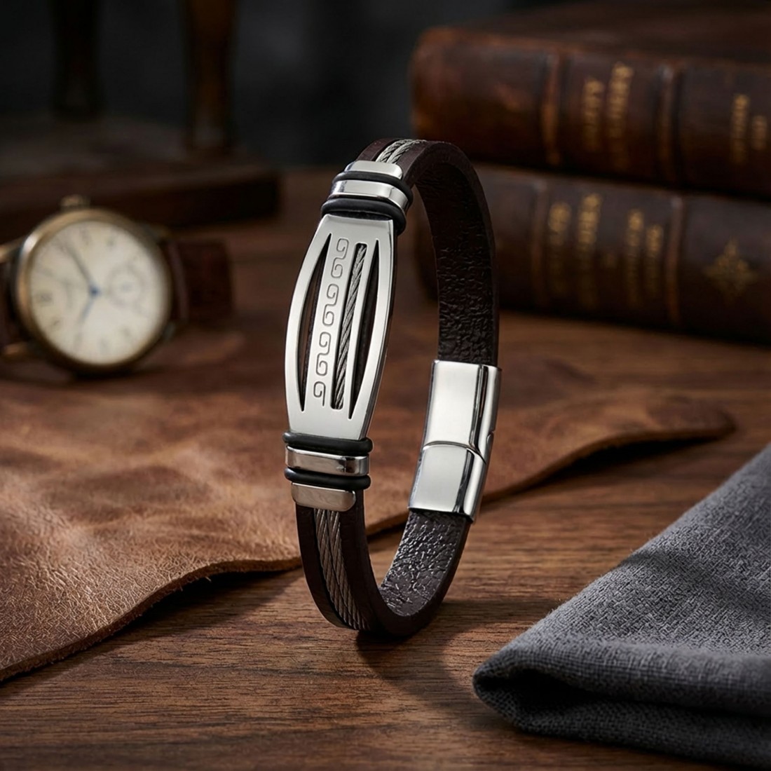 Grek anahtarı desenli çelik plakalı, çelik halatlı deri toptan erkek bileklik